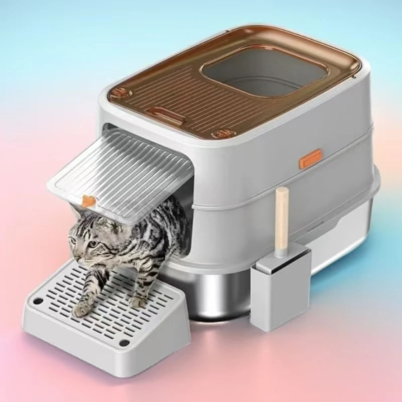 Large Semi-Closed Luxury Stainless Steel Cat Litter Box Easy Clean