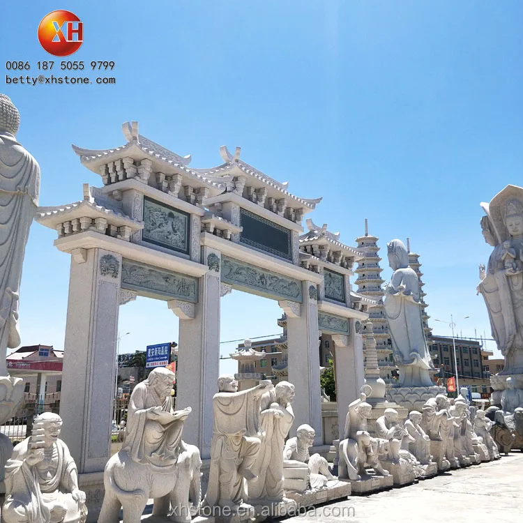 Temple Gate Tower Stone Carved Archway Chinese Tradition Landscape Garden Stone Arch With Dragon Relief Statue