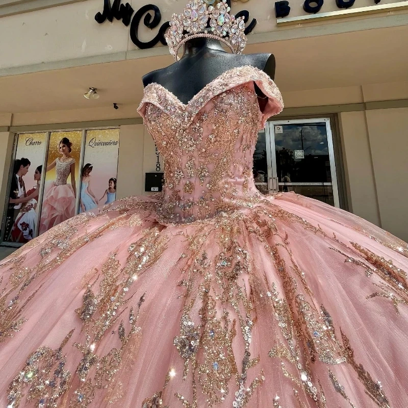 Mumuleo Pink Princess Quinceanera Dresses Off the Shoulder Ball Gown 2024  Sweet 16 Dress Gold Appliques Lace 15th Party Gown