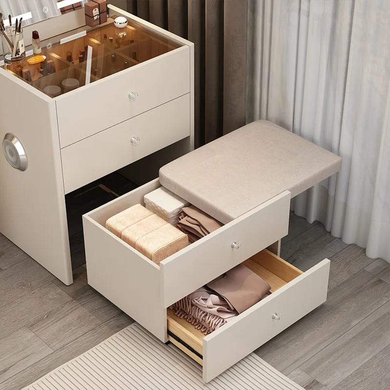 Hanyee Modern Style Cream Colored Dressing Table  Mirror Glass USB bluetooth Bedside Table Multifunctional With Storage Function