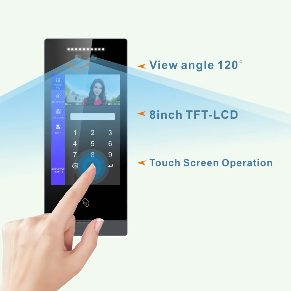 Wireless Smart 8 Inch LCD Touch Screen Cloud Basaed APP Control Facial Unlock Multi Apartment IP Video Intercom