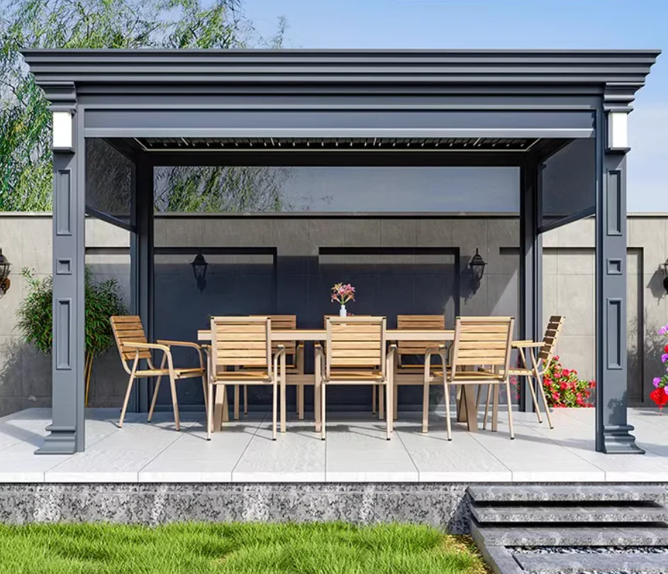 Modern Design Pergola Waterproof Aluminium Frame Electric Features Durable Steel Stainless Garden Decorative Terrace Metal Cover