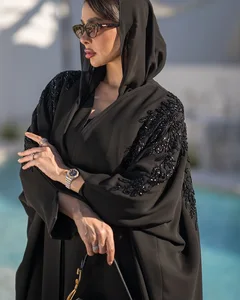 Oem Odm Suadi Modest Elegant Black Open - Front Abaya with Intricate Embroidery and Beading Custom Made