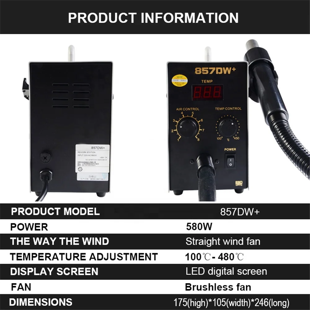 Original Quick 857DW+ Soldering Station Hot Air Gun 580W Heater Helical SMD Desoldering Hot Rework Station