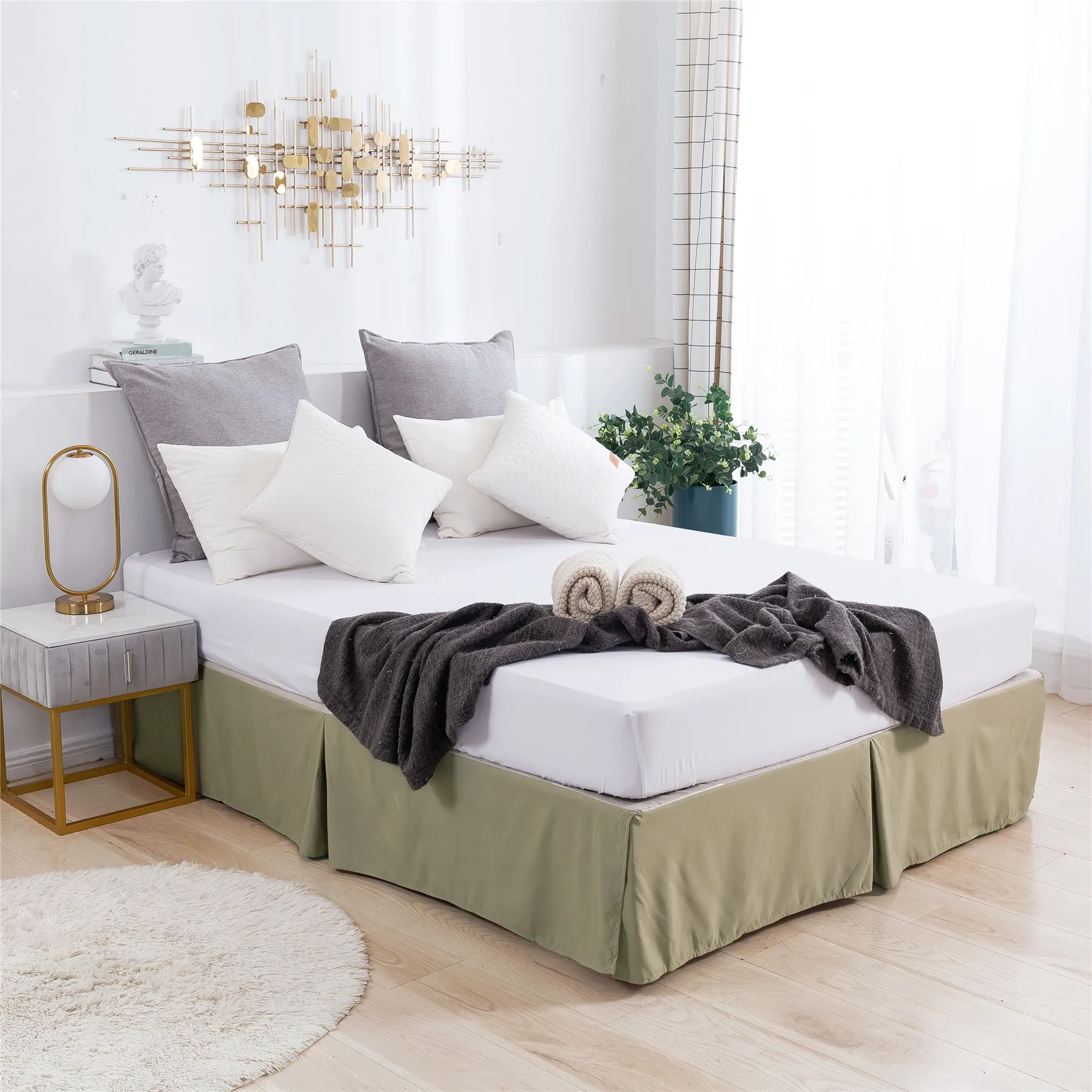 High Quality Luxury Pleated Polyester Bed Sheet Bedskirt Ruffle Brown