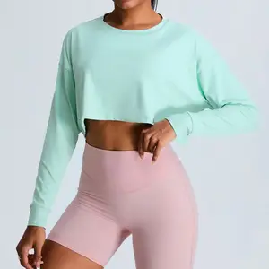 Women's Workout Long Sleeve T Shirt Fitness Sportswear Clothing Crop Top Printing Oversized Tshirt