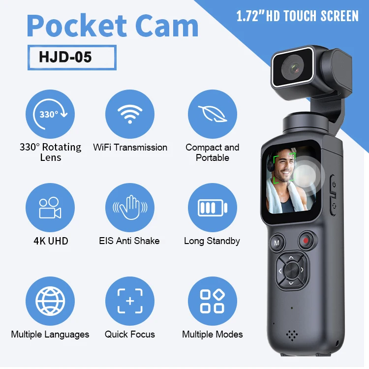 75MP HD Handheld Sport Camera 1.72'' Touch Screen 16MP Portable Mini Pocket Camcorder Rotating AI Face Tracking Action Camera