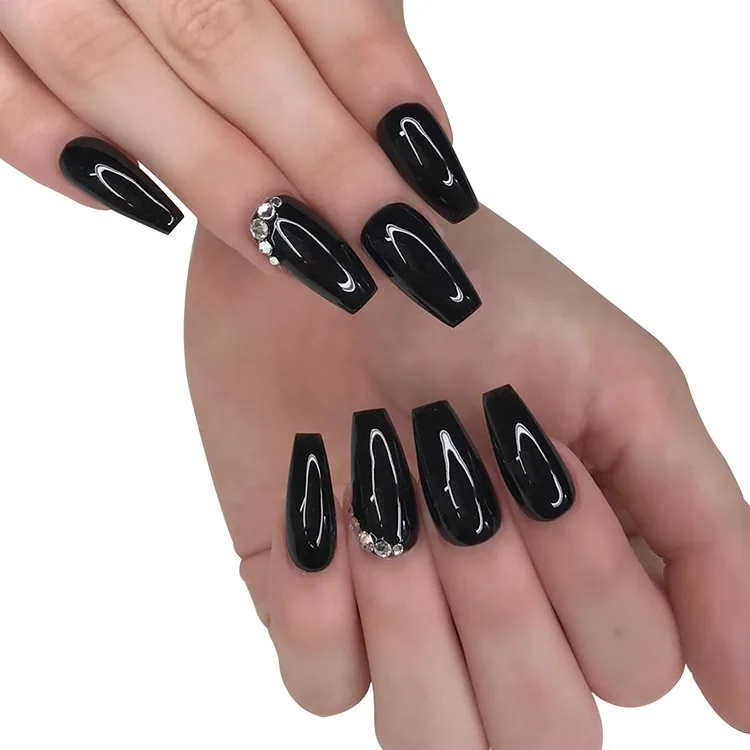 Customize High Quality Transparent Background Black love Pattern Glossy Black Artificial Fingernail  3d Rhinestones False Nails
