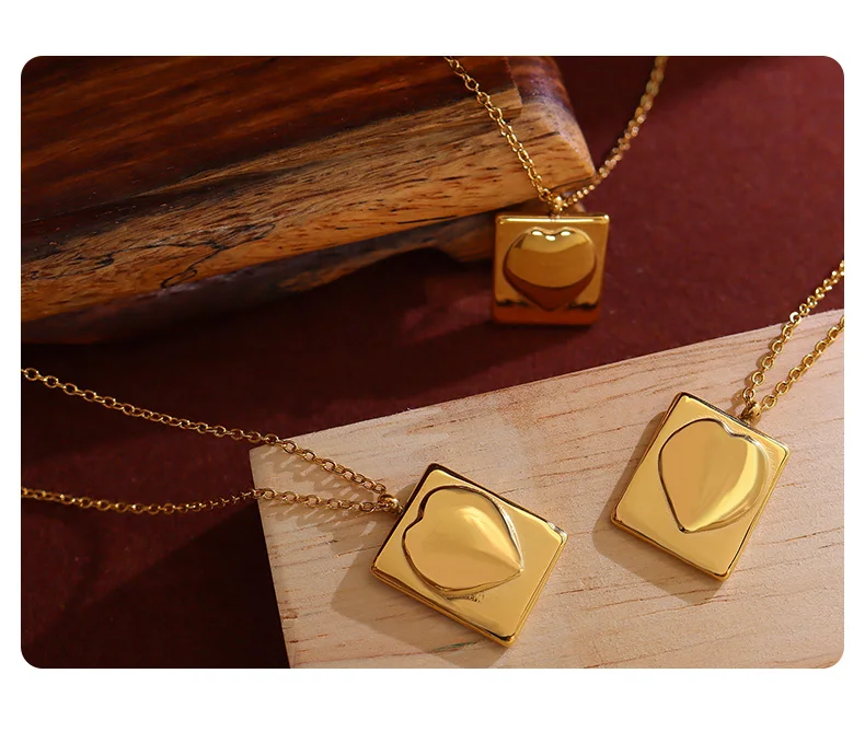 Rectangle Pendant Necklace 18k Gold Plated Stainless Steel Charm