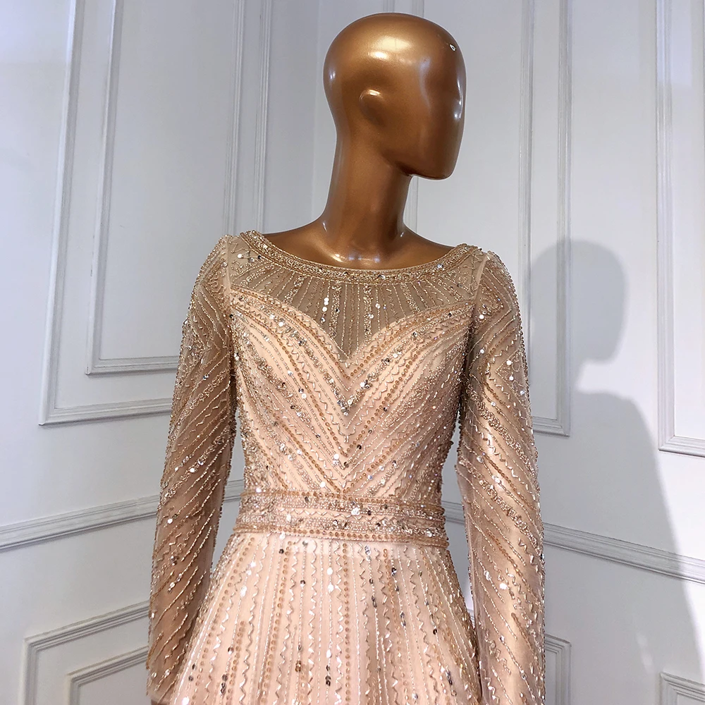 Gold Mermaid Elegant Long Sleeves O-Neck Evening Gowns