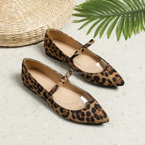 BUSY GIRL HX4134 Wholesale Mary Jane Women Shoes 2026 New Leopard Print Bow Strap Point Toe Flats Shoes Women Flat Ballet Shoes