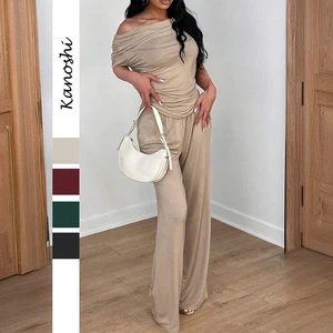 Elegant summer short sleeve long pants suit for women 2026 ladies two piece sets