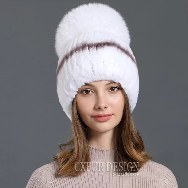 beanie with rabbit fur pom pom