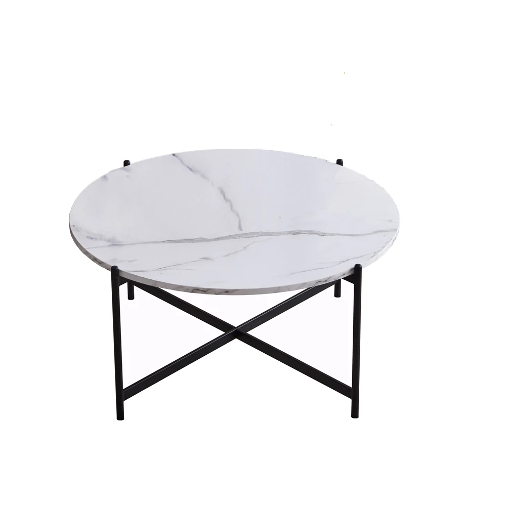 Luxury Wood Round Tea Table With Marble Pattern Metal Frame Coffee