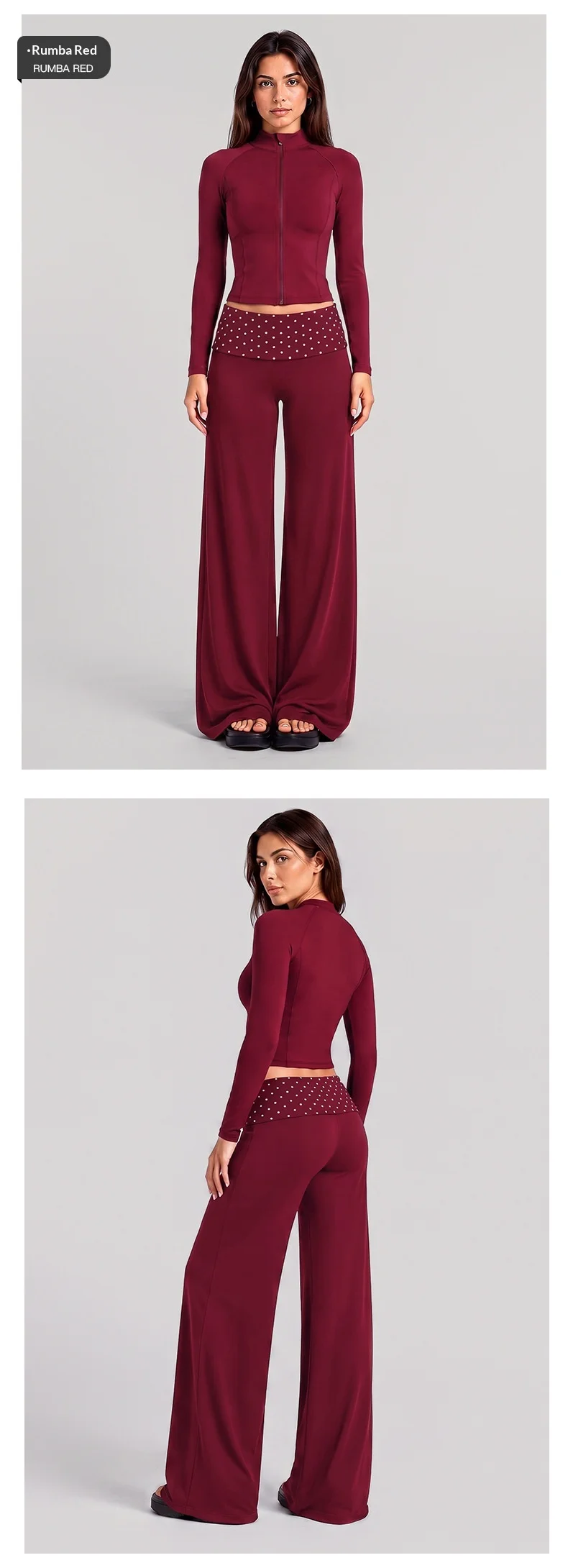 Women Slim Fit Yoga Set Quick Dry Zip up Stand Collar Jacket Wide Leg Pants Contrast Polka Dot Waistband 2 Piece Outfit — detail