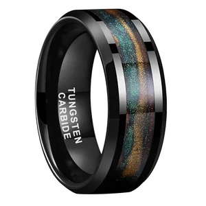 8mm Mens Womens Fashion Wedding Bands for Men Women Beveled Brown Green Gold Flowing Sand Inlay Black Tungsten Carbide Ring