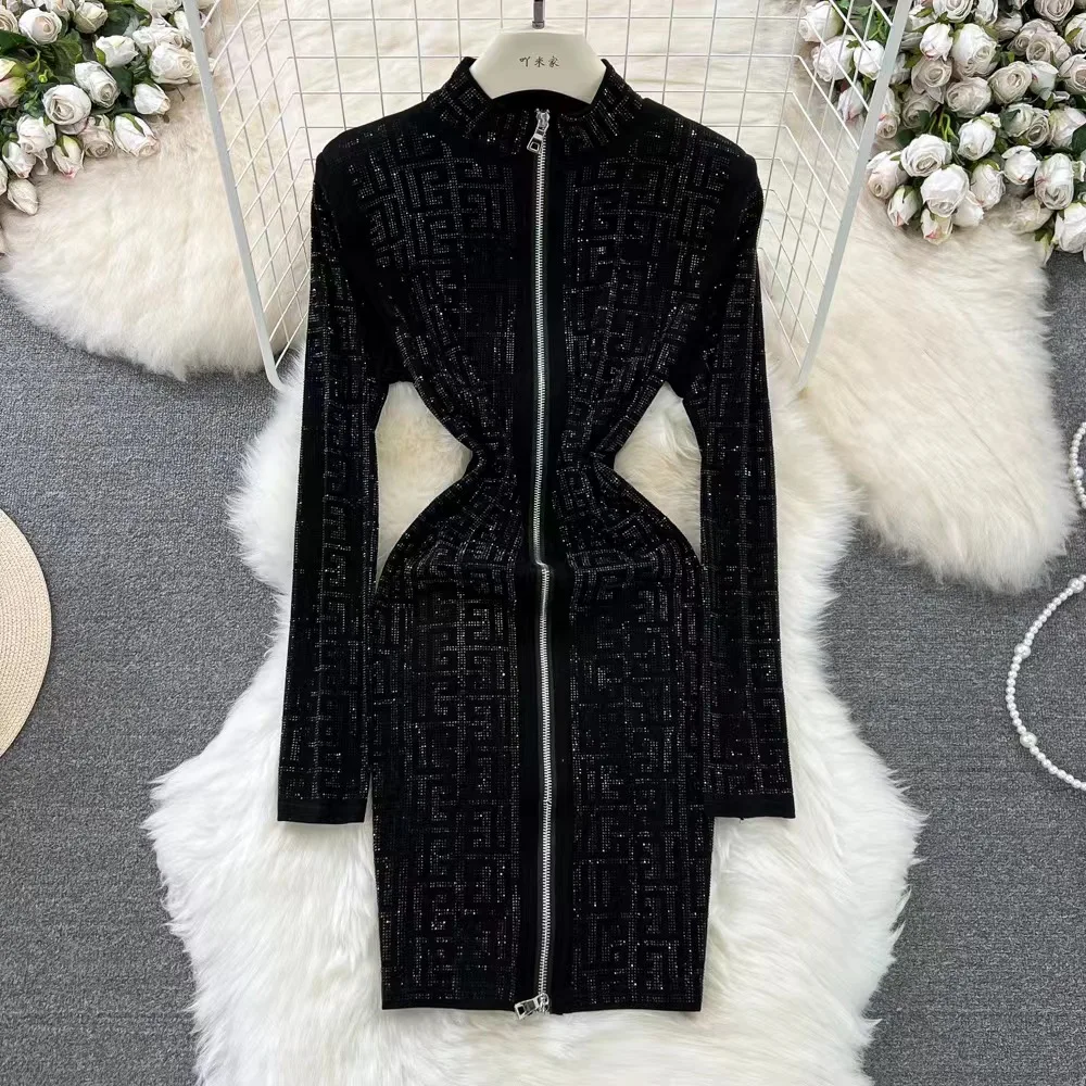 Hot Sale Rhinestones Long Sleeve Dress F Pattern Dress