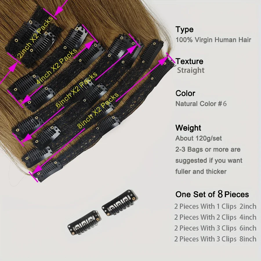Echthaar Clip In Extensions Hellbraun Glatt 8 Teiliges Set_voghion.com