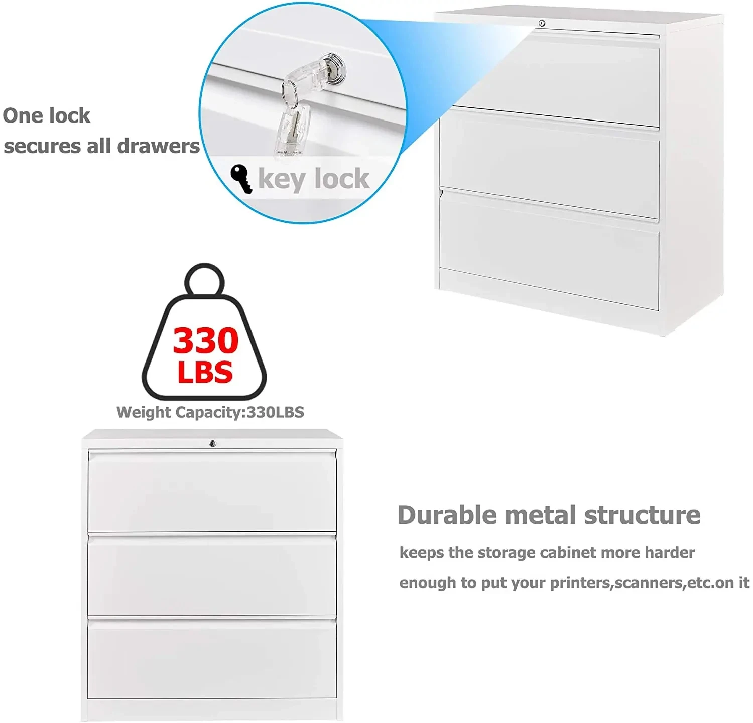 Metal Lockable Filing Cabinet Lateral File Cupboard With Large Storage Drawer For Legal Paper Letter Document School And Office
