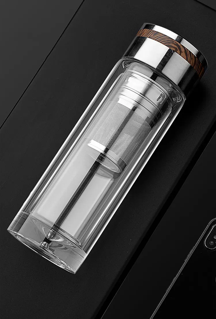Wholesale Custom Logo 350ml Clear Double Wall Glass Water Bottle With