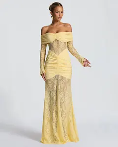 Elegant Mesh Lace Patchwork Bodycon Maxi Dress for Women Summer Sexy Off-Shoulder Sheer Party Club Evening Long Dress