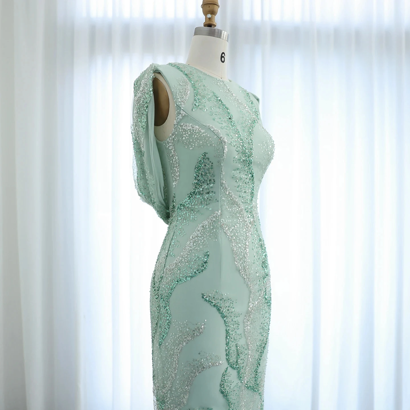 Luxury Feather Sage Green Arabic Evening Dresses Cross Back Midi Formal  Wedding Party Gowns SZ436