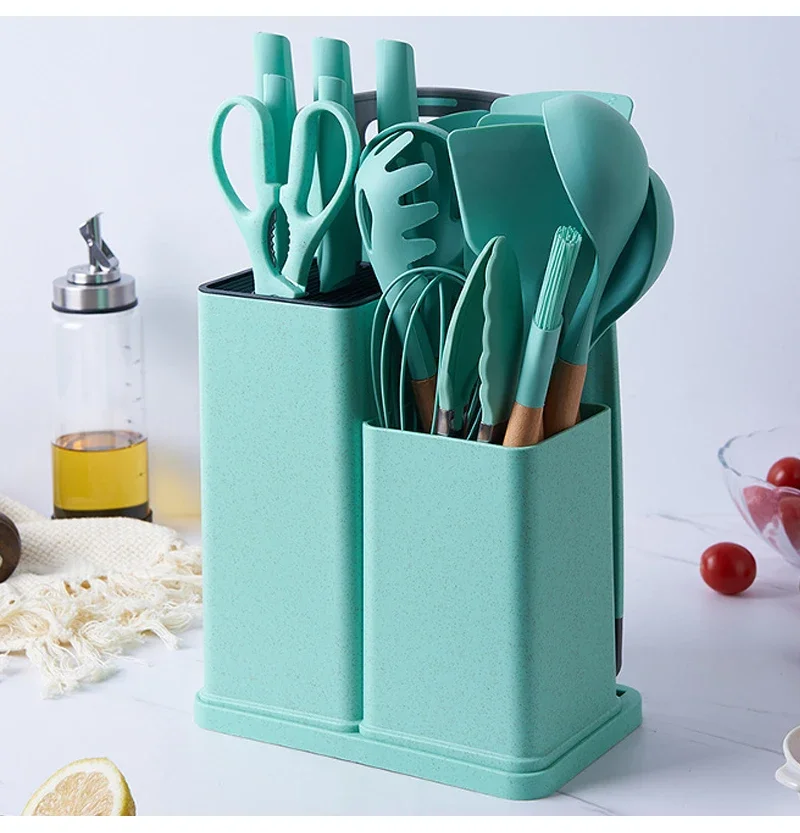 Kitchen Utensil Set With Wooden Handle And Cuttings Board Storage ...