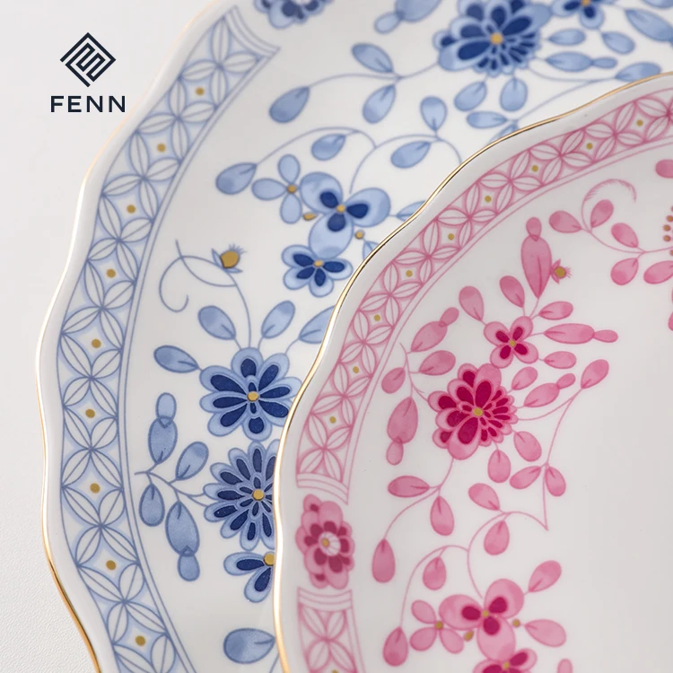 FENN factory wholesale blue and white retro porcelain tableware luxury western restaurant ceramic dinner plates sets dinnerware