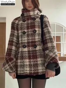 Women's Winter Long Thickened Tweed Coat-Elegant -Inspired Plaid Top with British Style Windproof Polyester