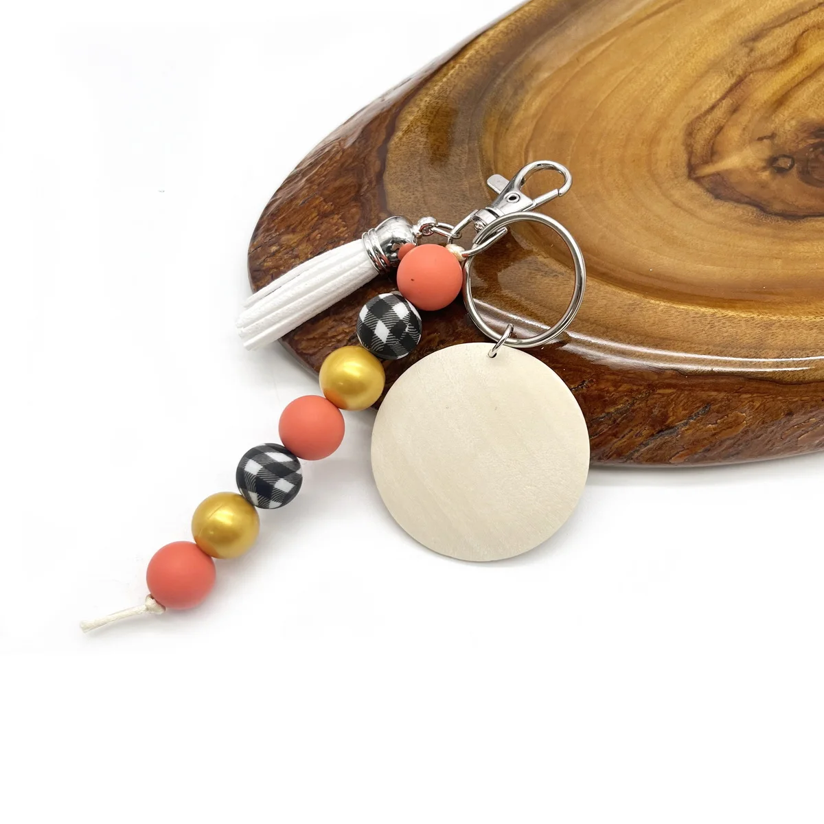 Wholesale Personalized Custom Blank Wood Disc Tassel Silicone Bead