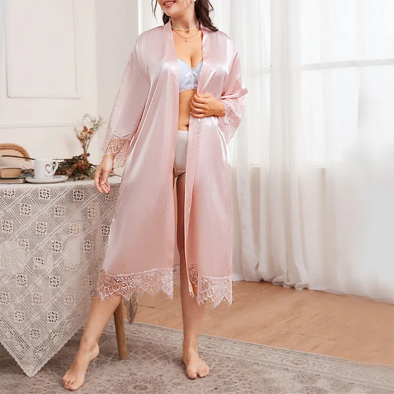 Nantex Custom Logo Satin Robes Plus Size Women Night Dress Lace Trim