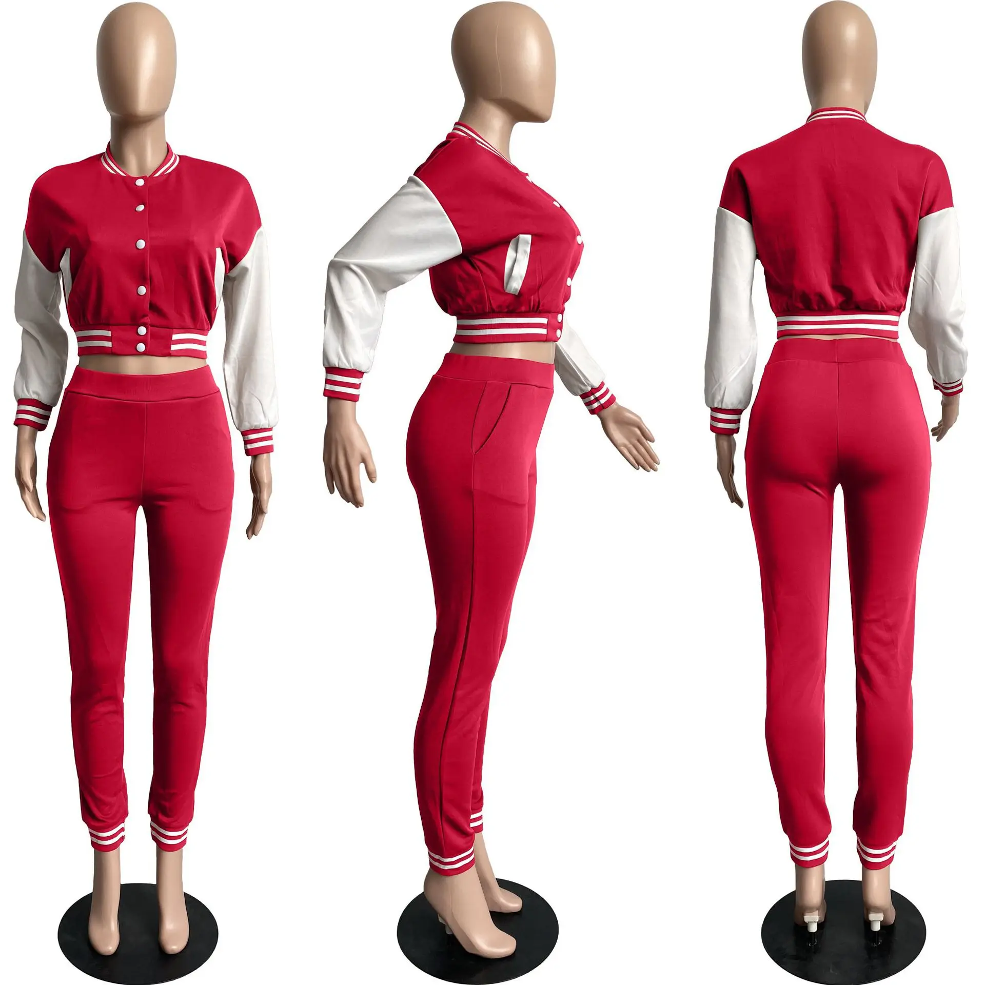 KOOBETON Women 2 Piece Letterman Outfits Bomber Crop Jacket Jogger Pants Set Pockets Tracksuit 
