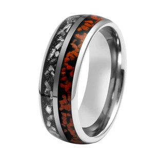 8mm Dome Trendy Tungsten Ring With Crushed Meteorite and Dinosaur Bone Inlay Men Wedding Band Tungsten Ring
