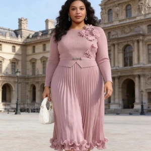 Elegant Miyake Pleated Dress Women's Long Sleeve Slim Fit Floral Decorated Midi Pleated Dress