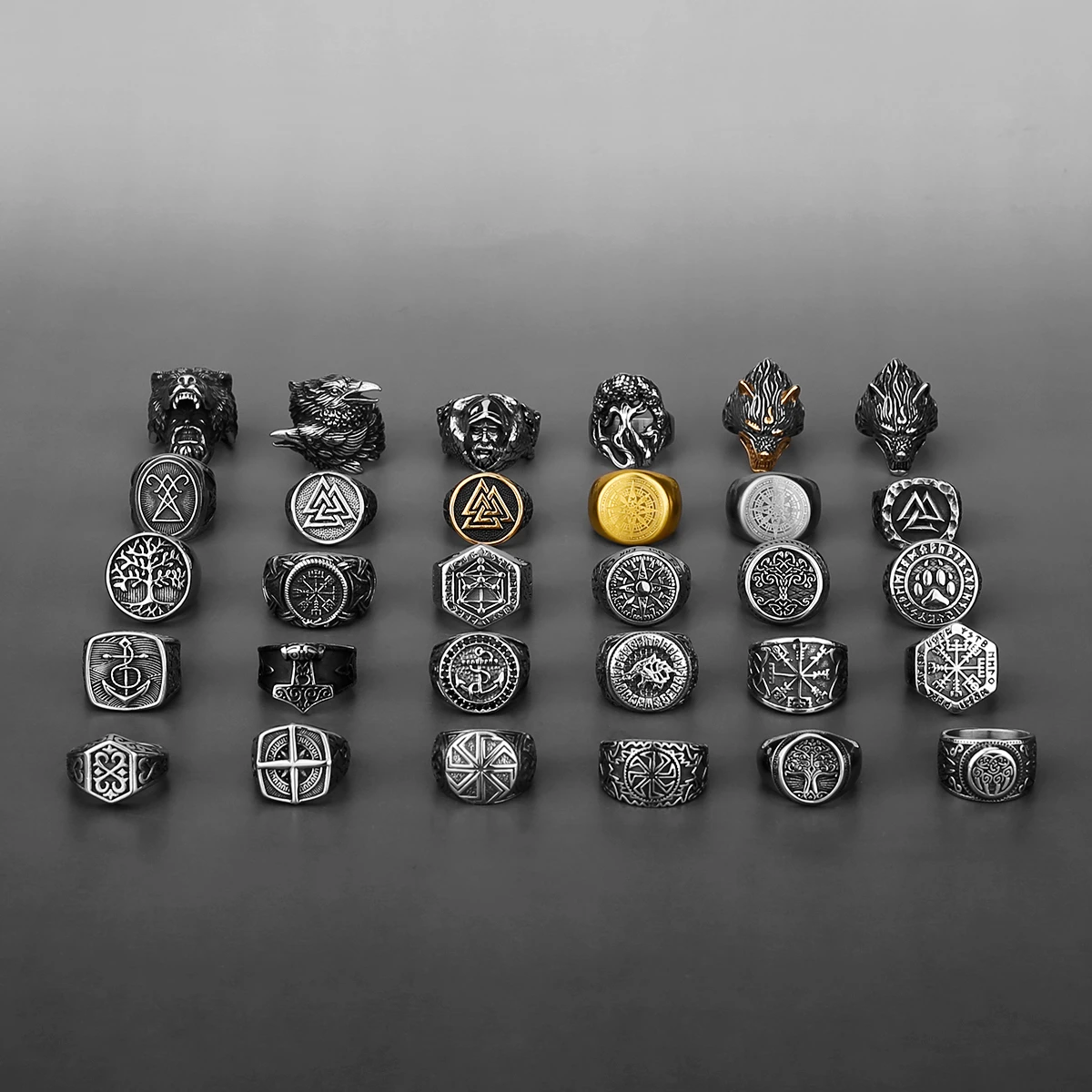 Stainless Steel Compass Tree of Life Viking Rune Wolf Ring Factory Wholesale Fine Jewelry for Men and Women