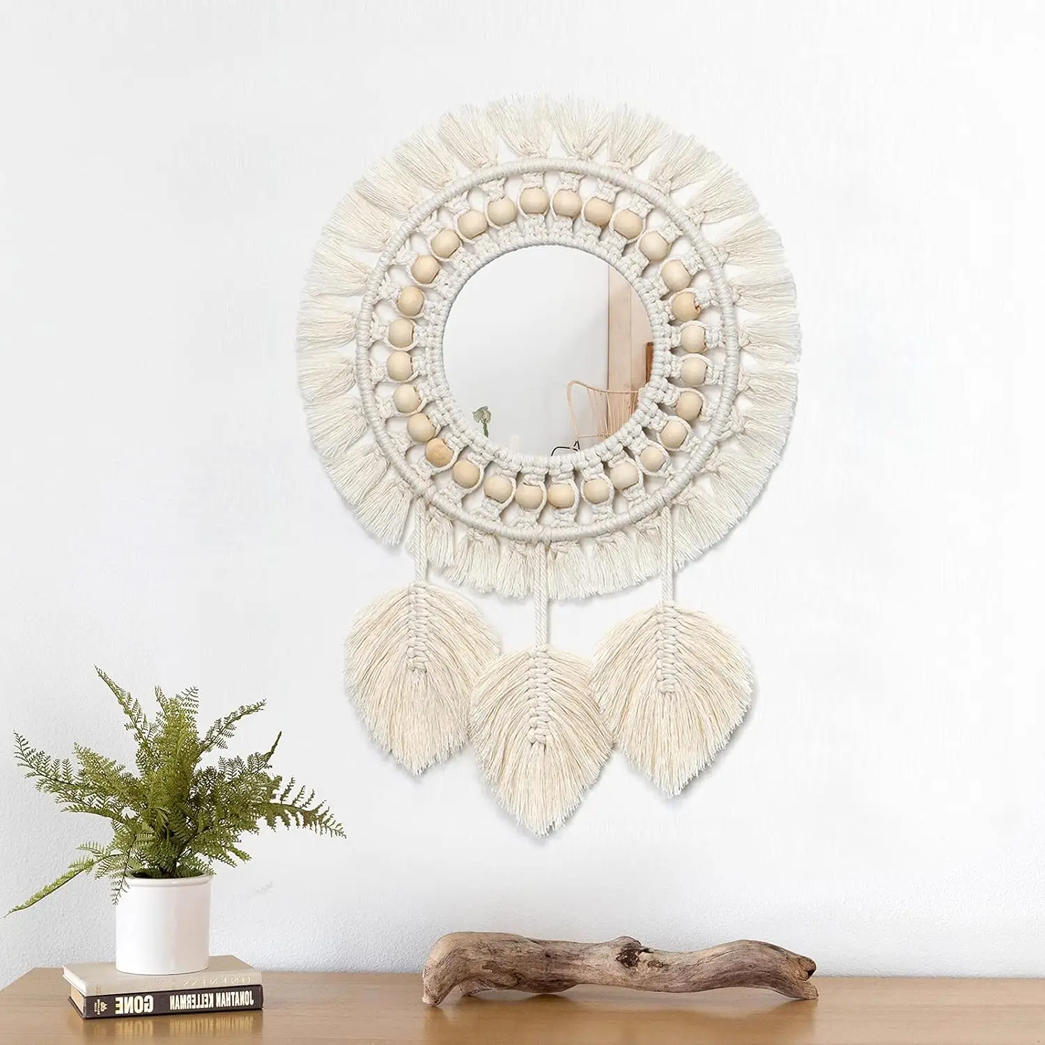 Boho Macrame Fringe Round Decorative Mirror With Wood Beads Feather Pendant - Buy Boho Wall ...