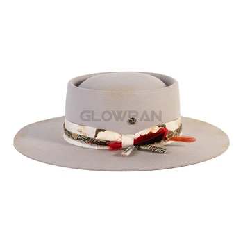 GLOWRAN Unisex 100% Australian Wool Porkpie Fedora Round Feather Hats