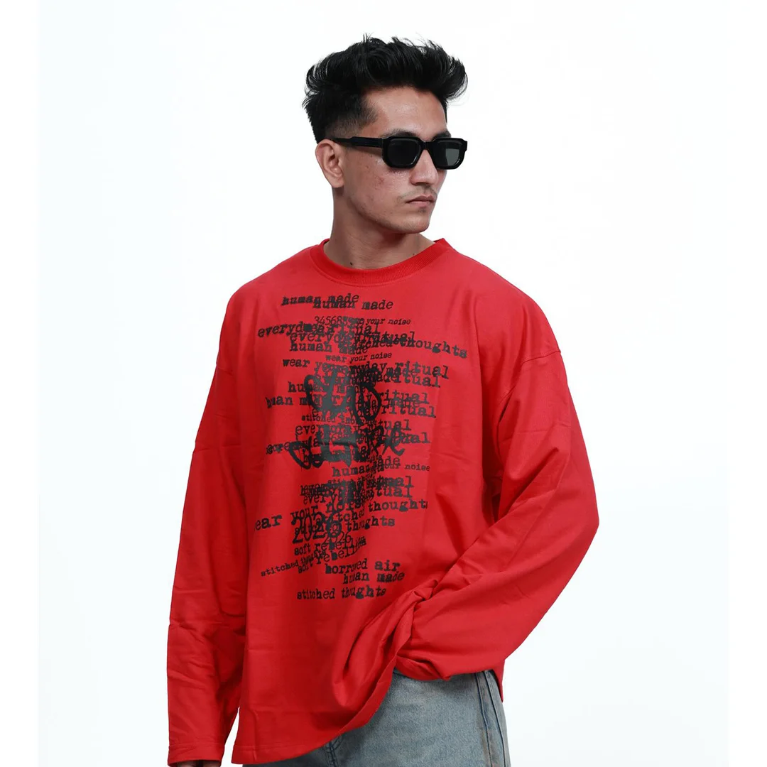 Niestandardowa wysokiej jakości męska bawełniana (100%) koszulka z długim rękawem, streetwear, prostokątna, luźna, codzienna, z cyfrowym graficznym nadrukiem DTG