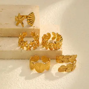 Summer Ocean Series Sea Beach Conch Seahorse Starfish Shell Shape Ring 18k Gold Plated Stainless Steel Fashion Rings for Women