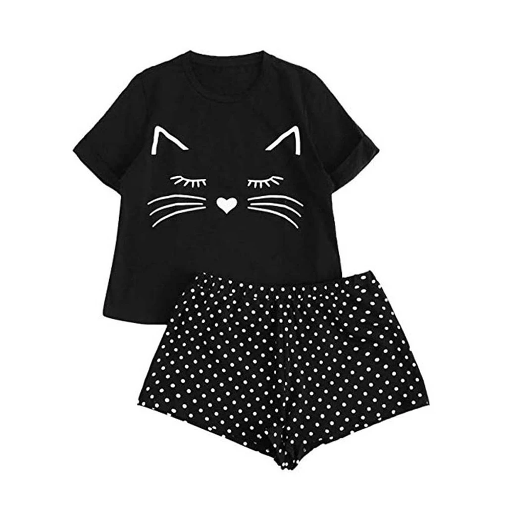 Letter & Cat Print Pajama Set