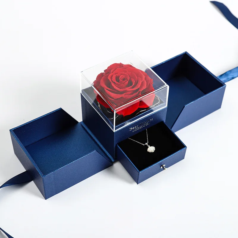 GR Red  Plastic Acrylic Jewelry Necklace Bracelet Drawer Box Preserved Rose  red Flower Wedding Boxes Valentine's Day gift