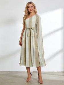 Bettergirl High-quality New Design Shawl Sleeve Dress New Fashion One-shoulder Tie-waist Pleated Midi Dress