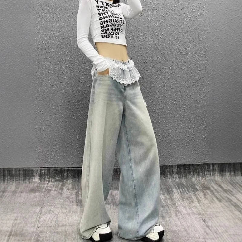Sommer-Neuheit KAKAMEE: Hochtaillige, gewaschene Jeans aus Denim mit weitem Bein und Spitzenbesatz am Saum, schnell trocknend aus Polyester/Baumwolle für Frauen