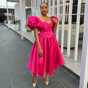 European and American Women's Spring/summer New Fashionable square Neck Bubble Sleeve Solid Color Waist Length Dress