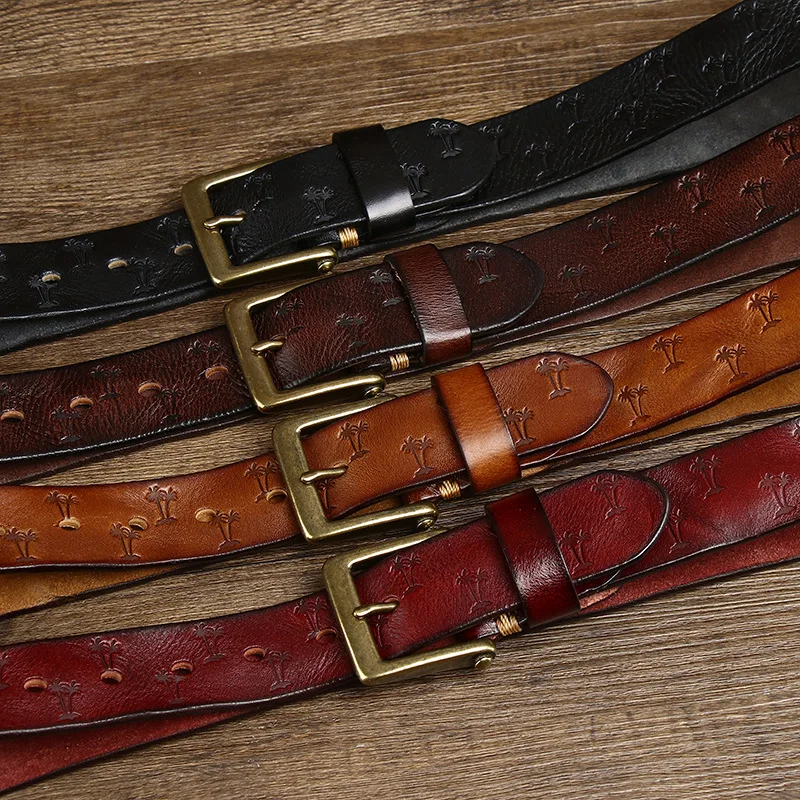 Vintage Korean Version Machine Pressed Pattern Italian Plant Tanned Male Leather Pure Cowhide Copper Buckle Belt Wholesale