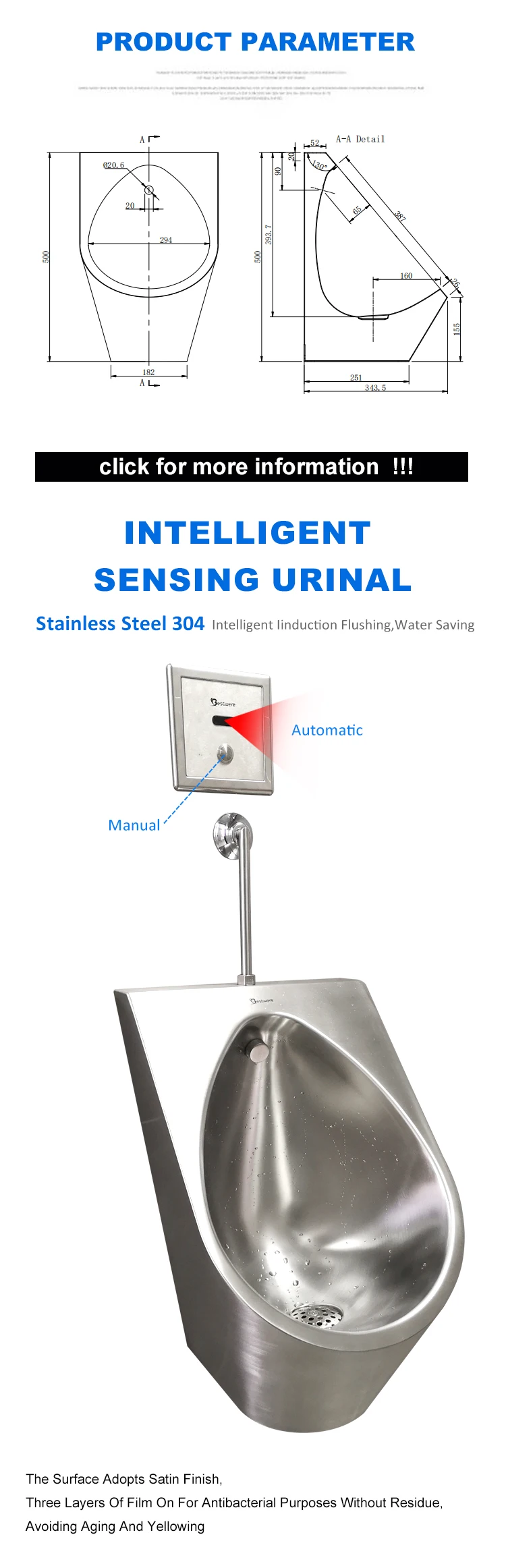 Modern Freestanding Stainless Steel Urinal Convenient Hung Design For