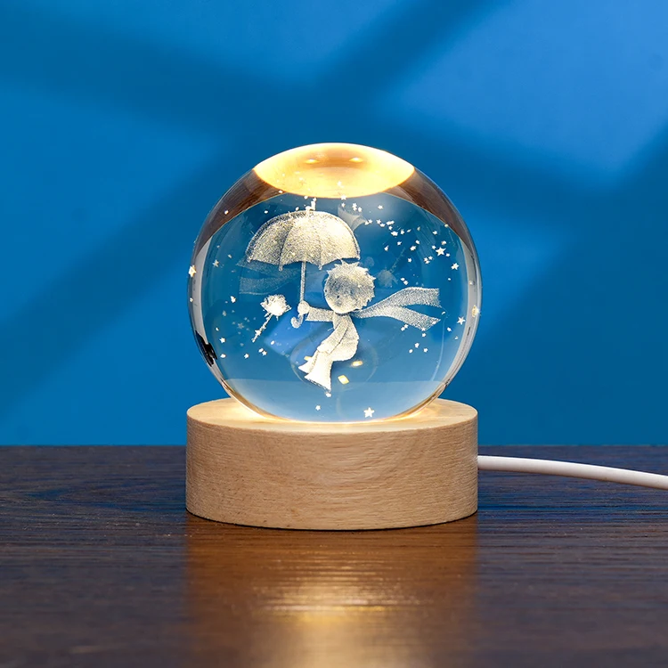 Galaxy Planet Glass Laser 3D Interior Engraved Small Night Light Crystal Ball with Wood LED Base Ball Night Lamp For Decoration supplier