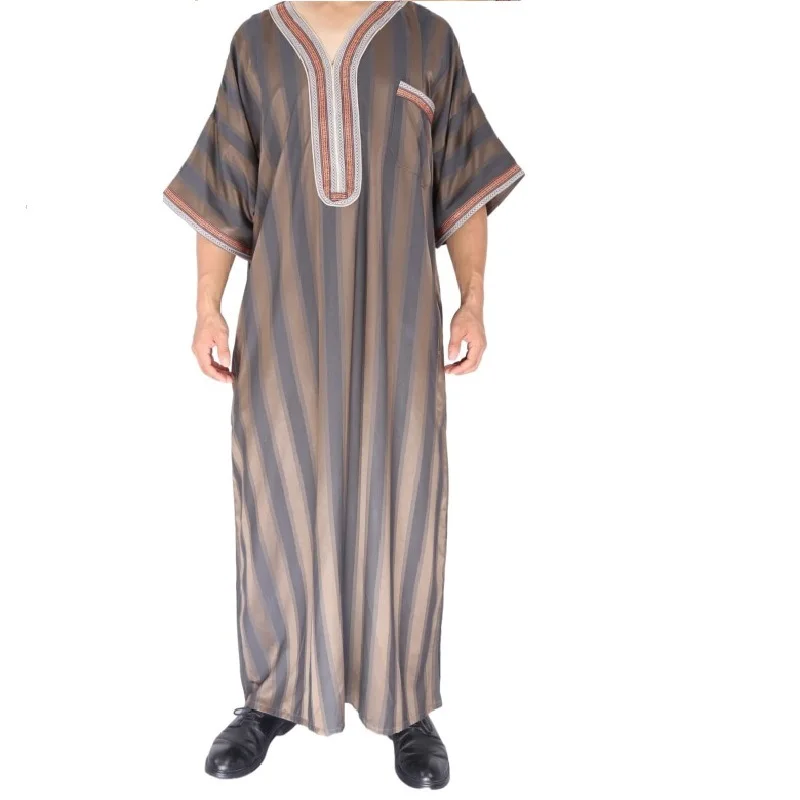 2024 Moroccan Style Men's Delicate Embroidered Caftan Stripe Pattern Short Sleeve Men Thobe Africa Clothing  Islamic Robe