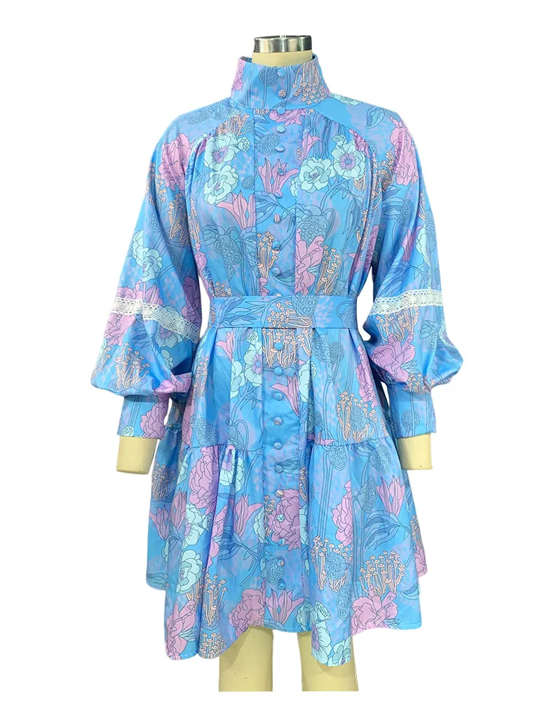 Spring and Autumn New Women's fashion temperament long sleeve high collar Large Print Dress