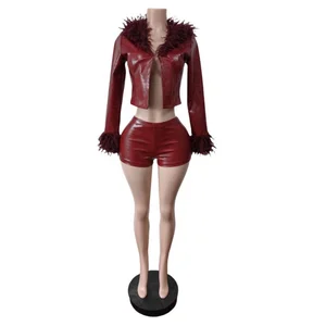 Dropshipping New Arrivals S-2XL 2026 Wholesale Autumn Fall Winter Pu Leather Furs Shorts Set Women